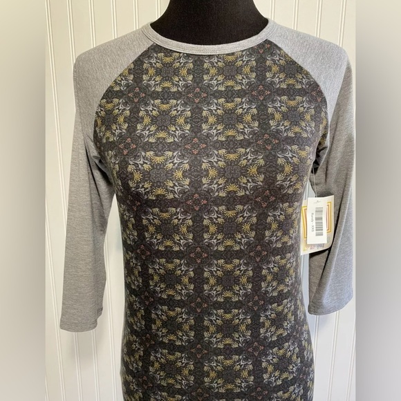New Lularoe Randy Baseball Raglan Sleeve Shirt Womens Size XXS Black Gray Yellow - Picture 1 of 12